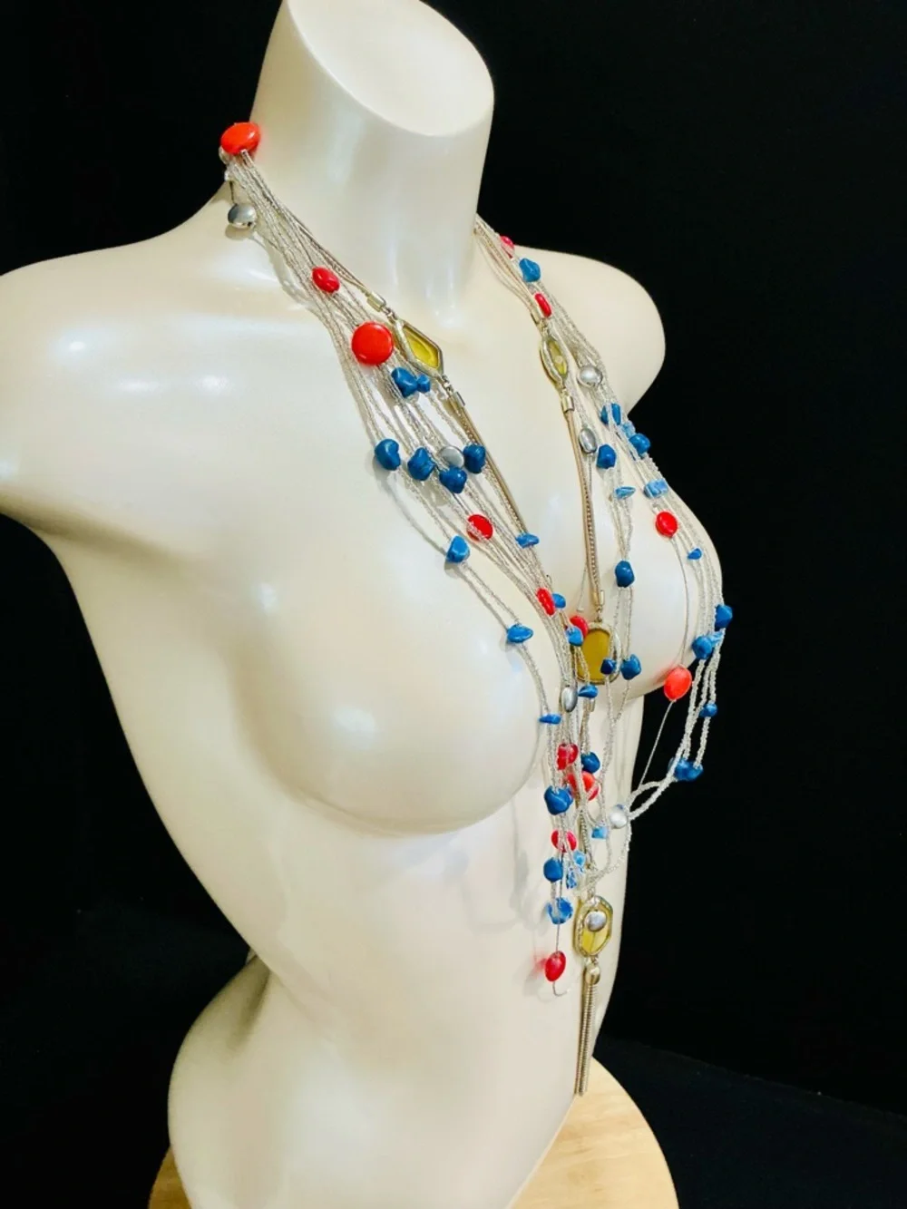 Chico's Multistrand Beaded Necklace in Blue, Red & Yellow Sexy Boho Beach Chic